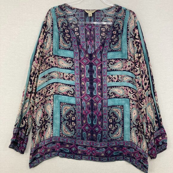 Lucky Brand Tops - Lucky Brand XLPurple Blue V Neck Bohemian Festival Relaxed Rayon Blouse Boho